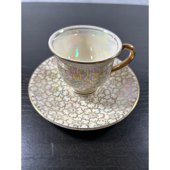 Geo. H. Bowman & Son Other - Vintage Geo H Bowman Son Lusterware Demitasse Cup Saucer Gold Floral Iridescent